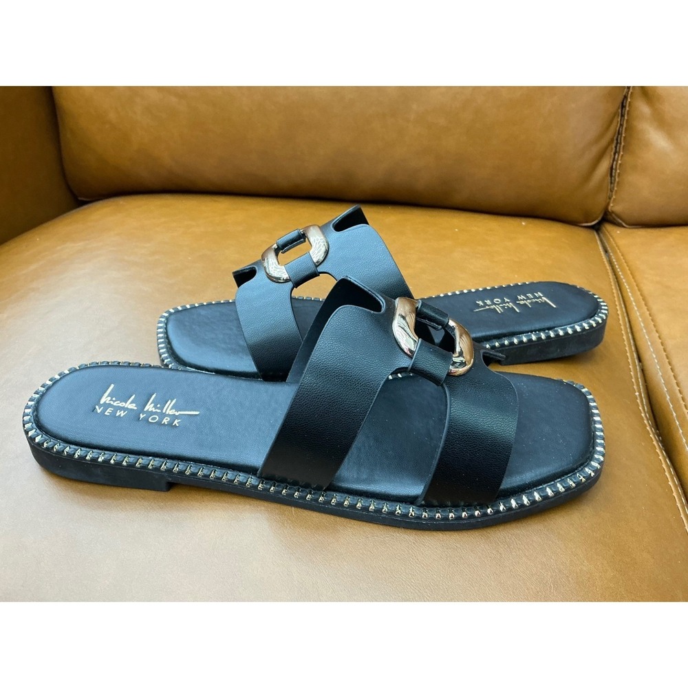 Nicole Miller Danis Slide Sandals Womens 9 Black Gold Buckle Studded